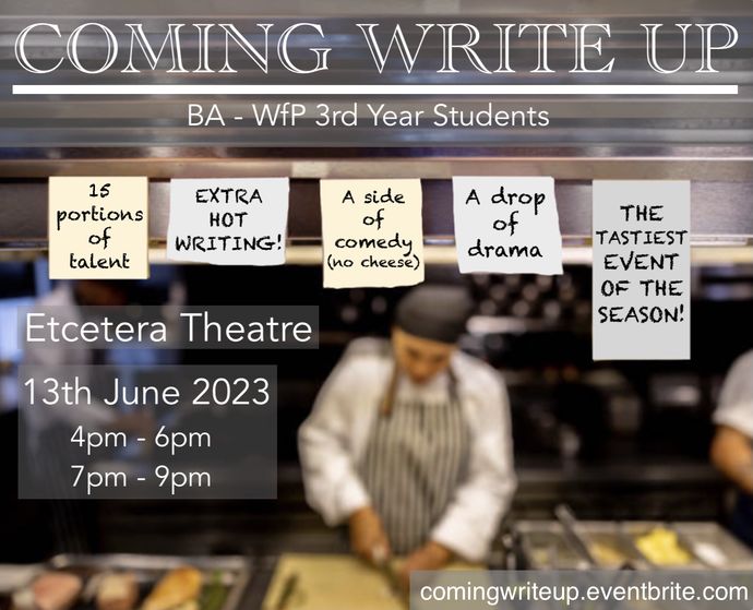 A chef working in a kitchen. In the foreground, the order tickets are replaced with notes which say '16 portions of talent', 'Extra hot writing', and 'A drop of drama', as well as the details of the event