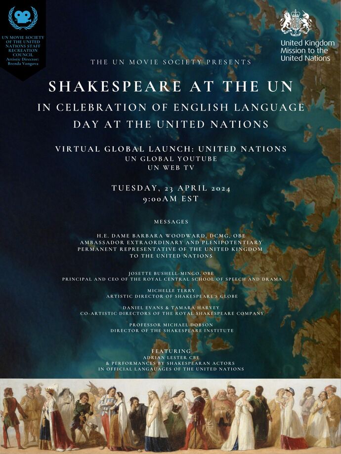 Poster for the Shakespeare at the UN event showing the list of contributors and credits in white text against a green-blue background and designs showing characters from Shakespeare's plays